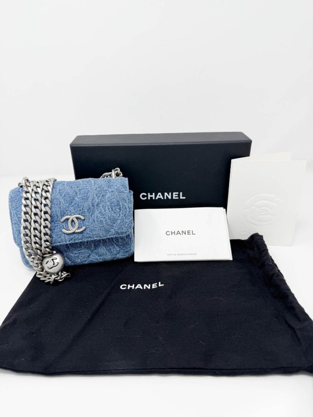 Chanel Denim Quilted Camellia SweetHeart Clutch with Chain